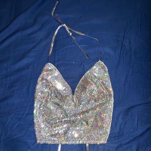 Silver Sequin Backless Halter Top